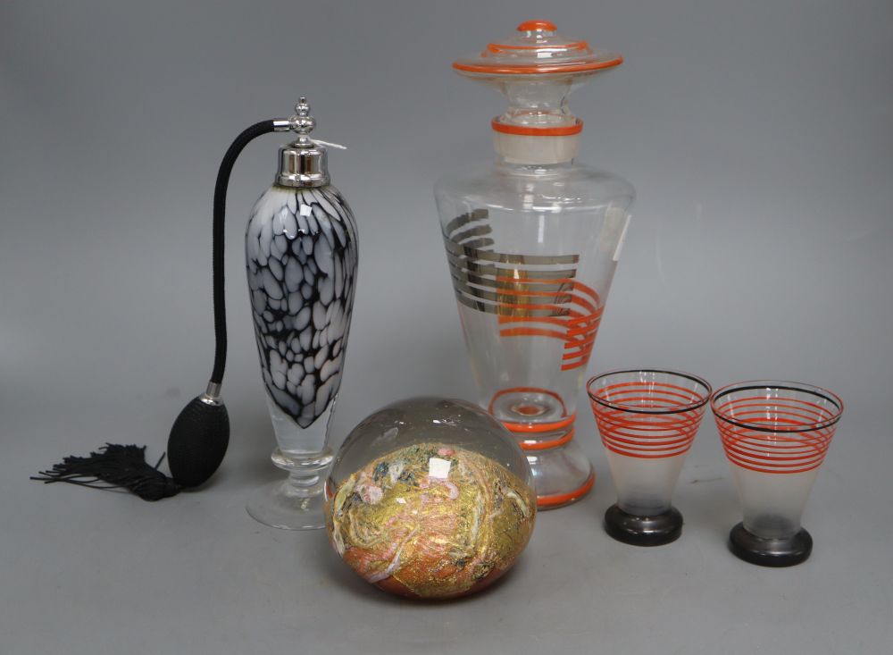 An Art Deco decanter, height 27cm, two glasses, a glass paper weight and a scent bottle